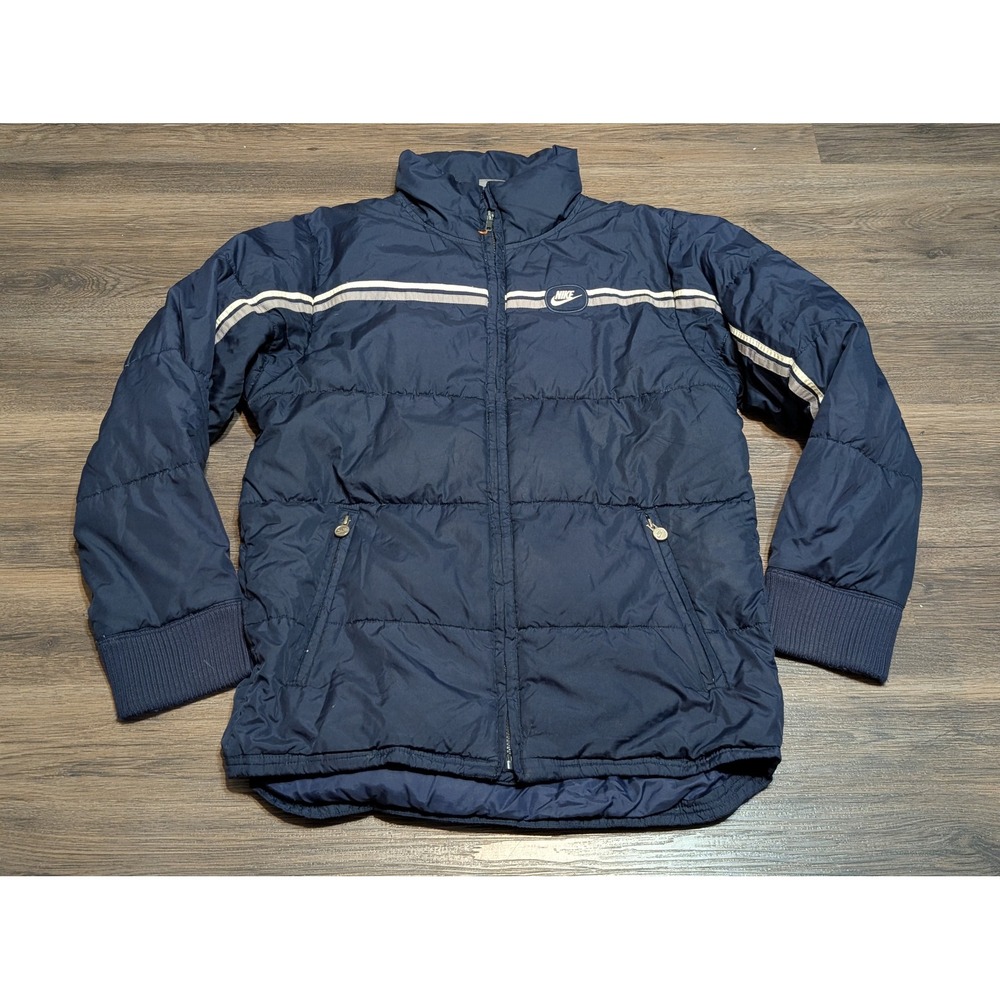 Nike Mens Vintage Puffer Jacket Navy Blue Quilted Full Zip Size Small Sporty